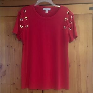 Michael Kors Red Short Sleeve Tee with Lace-Up Gold Grommet Shoulders